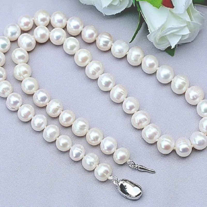 Freshwater Pearl Strand Necklace, Classic 8-10mm White Cultured Pearls with 925 Sterling Silver Clasp, 16 to 20 Inch
