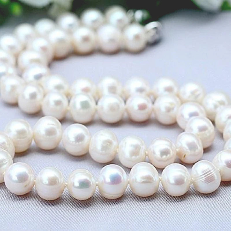 Freshwater Pearl Strand Necklace, Classic 8-10mm White Cultured Pearls with 925 Sterling Silver Clasp, 16 to 20 Inch