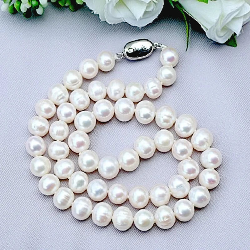 Freshwater Pearl Strand Necklace, Classic 8-10mm White Cultured Pearls with 925 Sterling Silver Clasp, 16 to 20 Inch