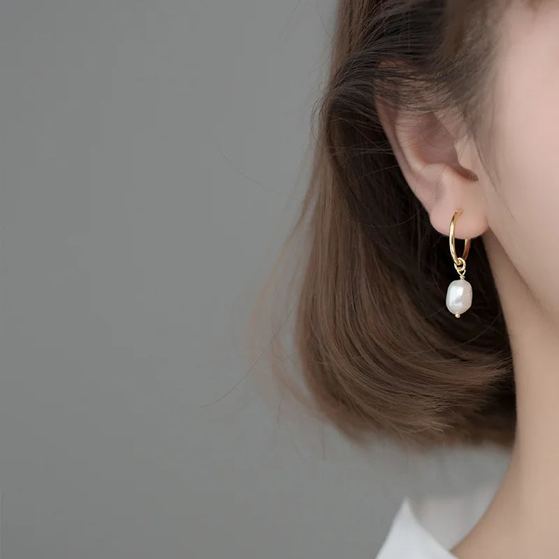 Pearl Drop Hoop Earrings, Baroque Freshwater Cultured Pearl on a 925 Sterling Silver Huggie Hoop, Gold or Silver