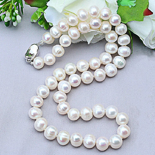 Freshwater Pearl Strand Necklace, Classic 8-10mm White Cultured Pearls with 925 Sterling Silver Clasp, 16 to 20 Inch
