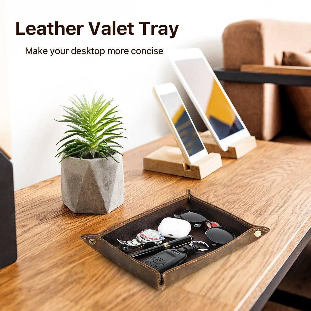 Brown genuine leather foldable valet tray with snap corners, view 6