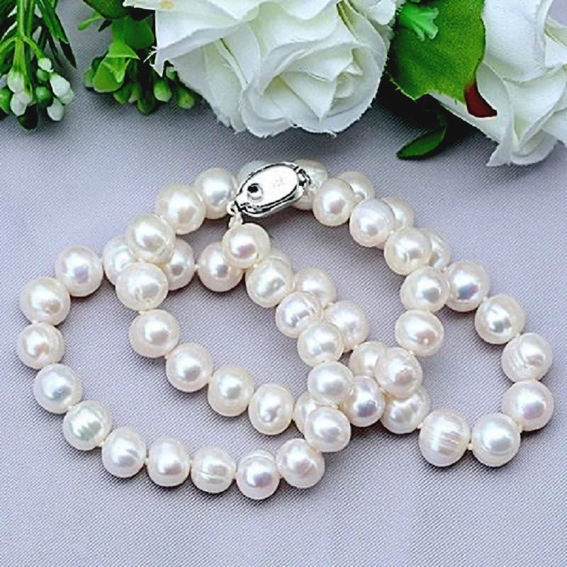 Freshwater Pearl Strand Necklace, Classic 8-10mm White Cultured Pearls with 925 Sterling Silver Clasp, 16 to 20 Inch
