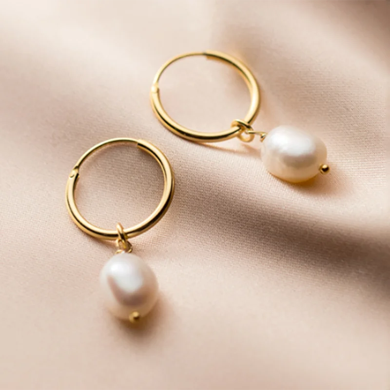 Pearl Drop Hoop Earrings, Baroque Freshwater Cultured Pearl on a 925 Sterling Silver Huggie Hoop, Gold or Silver