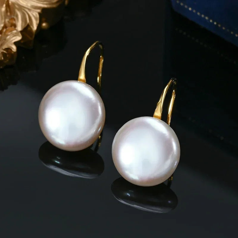 Button Pearl Drop Earrings, 11-13mm Cultured Freshwater Pearls on 925 Sterling Silver Hooks, Gold or Silver