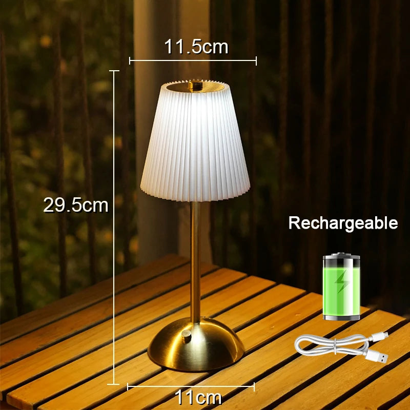 Pleated Cordless Table Lamp, Rechargeable LED Bedside Lamp with Fabric Shade and Touch Dimmer, 3 Light Colors