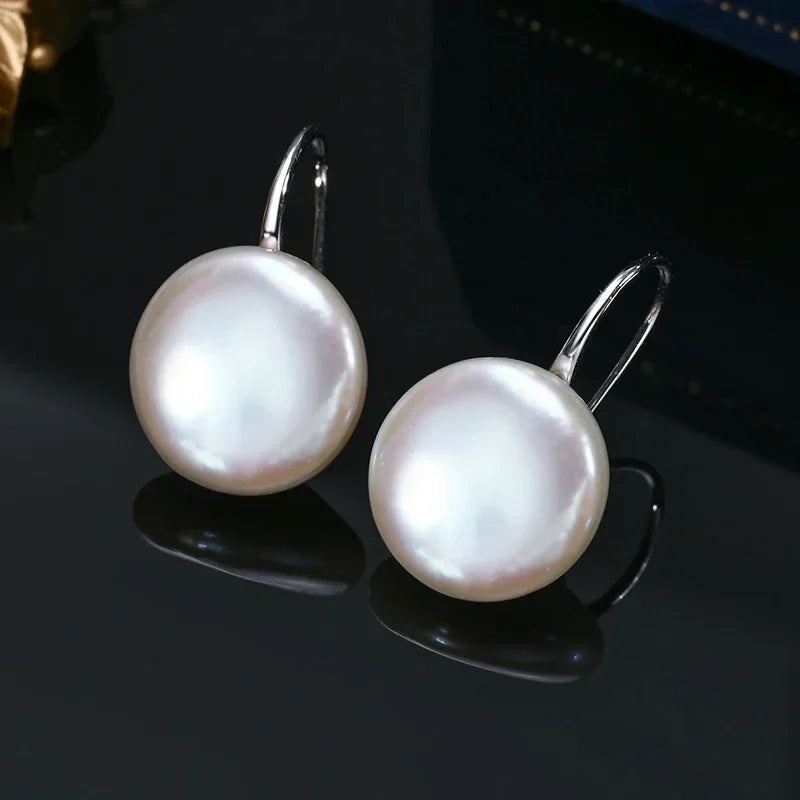 Button Pearl Drop Earrings, 11-13mm Cultured Freshwater Pearls on 925 Sterling Silver Hooks, Gold or Silver