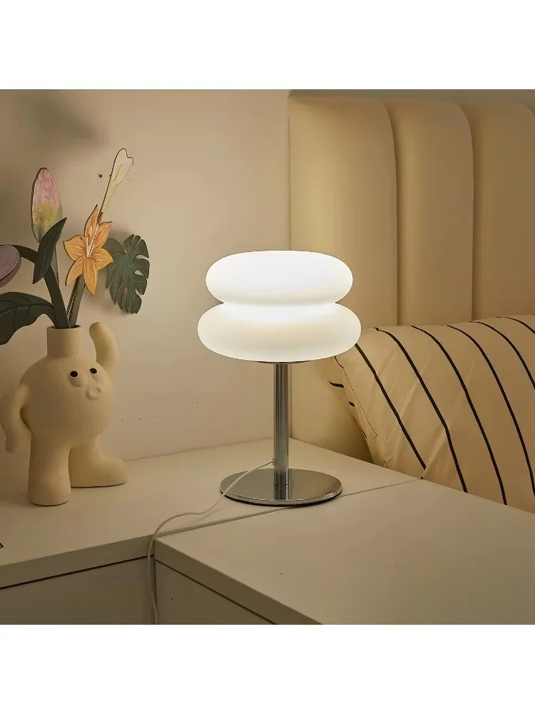 Stacked Cloud Table Lamp, Modern Frosted Bedside Lamp with Chrome Stand, Remote Control and 9 Brightness Levels