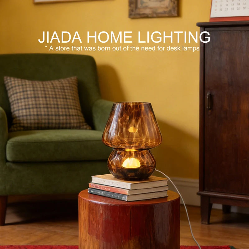 Amber Glass Mushroom Table Lamp, Vintage Mid-Century Bedside Lamp with Touch Dimmer, USB Powered