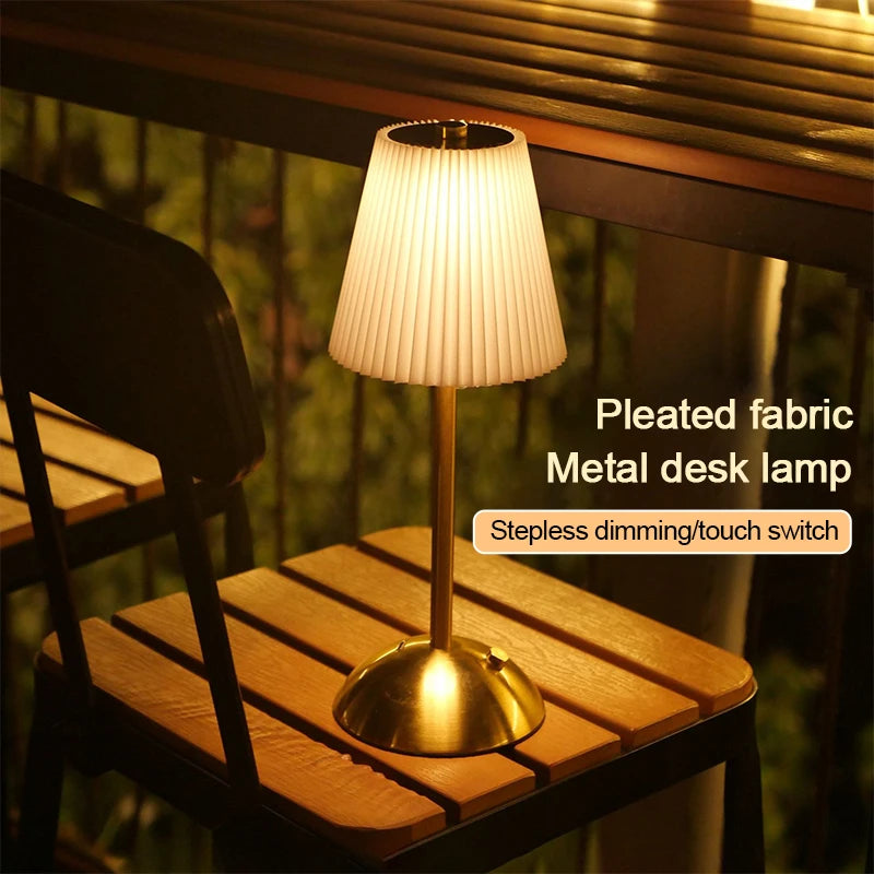 Pleated Cordless Table Lamp, Rechargeable LED Bedside Lamp with Fabric Shade and Touch Dimmer, 3 Light Colors
