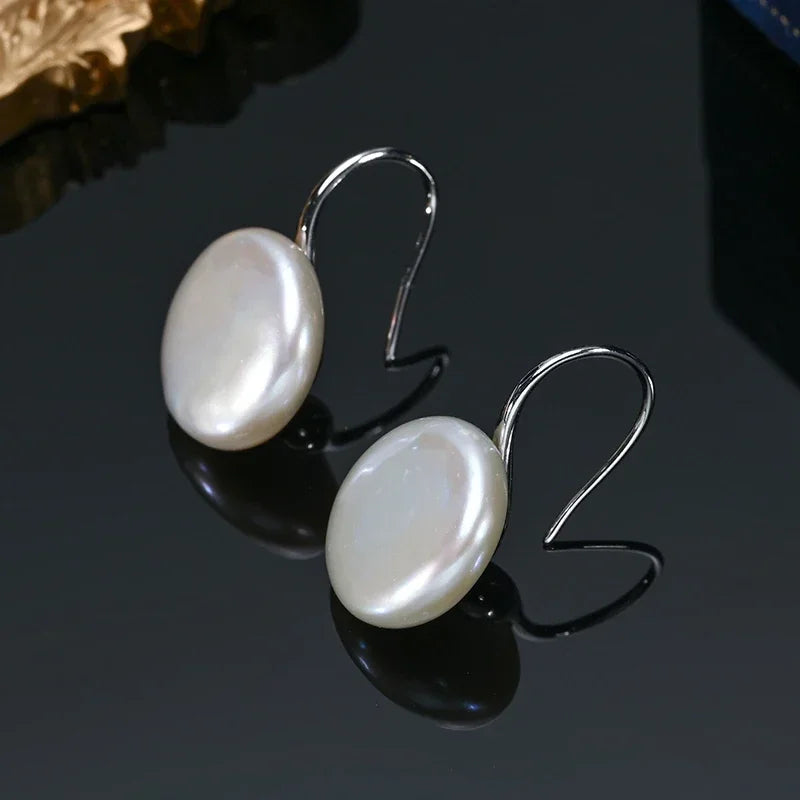 Button Pearl Drop Earrings, 11-13mm Cultured Freshwater Pearls on 925 Sterling Silver Hooks, Gold or Silver