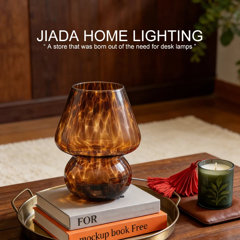 Amber Glass Mushroom Table Lamp, Vintage Mid-Century Bedside Lamp with Touch Dimmer, USB Powered