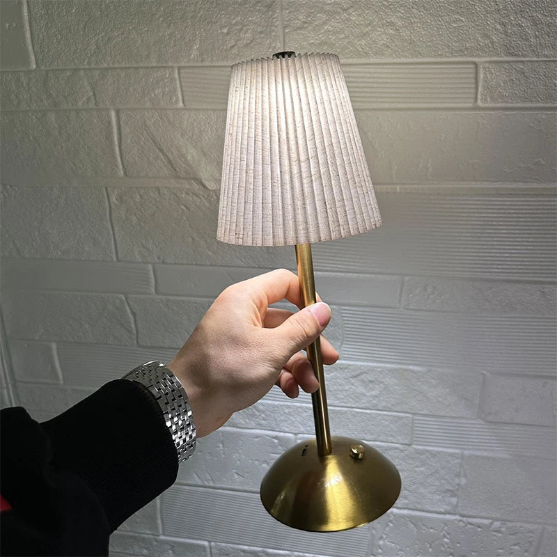 Pleated Cordless Table Lamp, Rechargeable LED Bedside Lamp with Fabric Shade and Touch Dimmer, 3 Light Colors