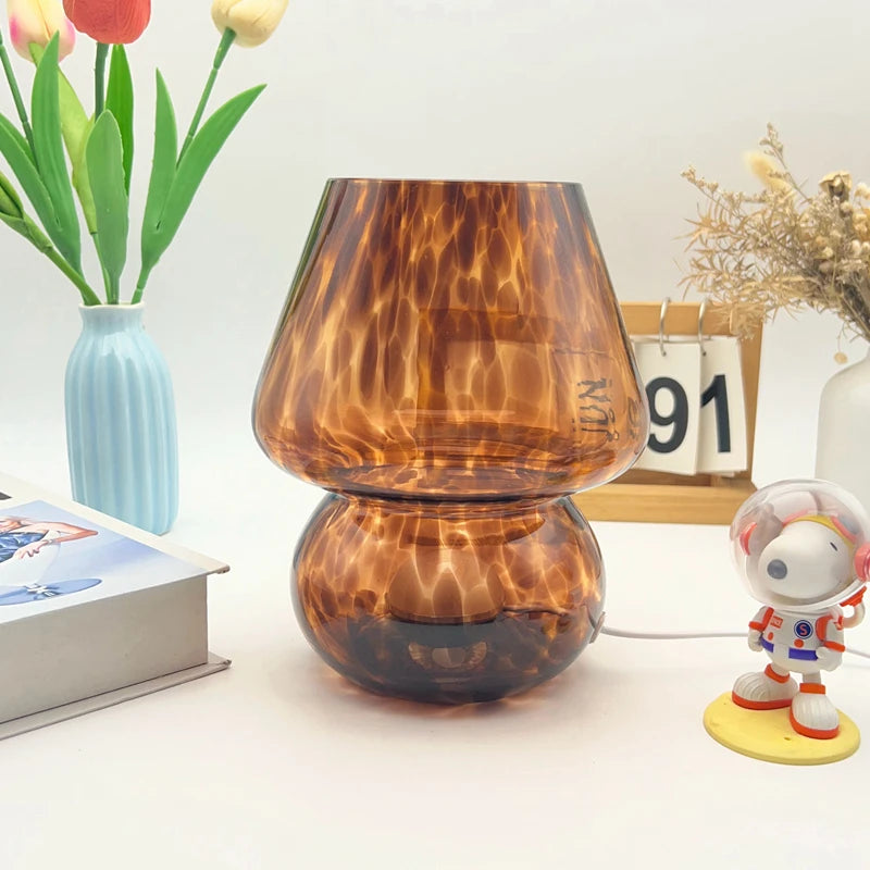 Amber Glass Mushroom Table Lamp, Vintage Mid-Century Bedside Lamp with Touch Dimmer, USB Powered