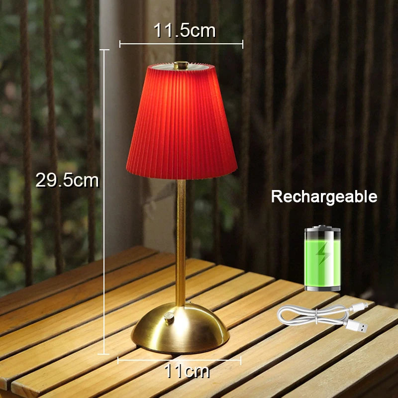 Pleated Cordless Table Lamp, Rechargeable LED Bedside Lamp with Fabric Shade and Touch Dimmer, 3 Light Colors