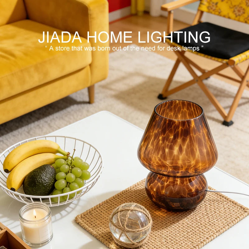 Amber Glass Mushroom Table Lamp, Vintage Mid-Century Bedside Lamp with Touch Dimmer, USB Powered