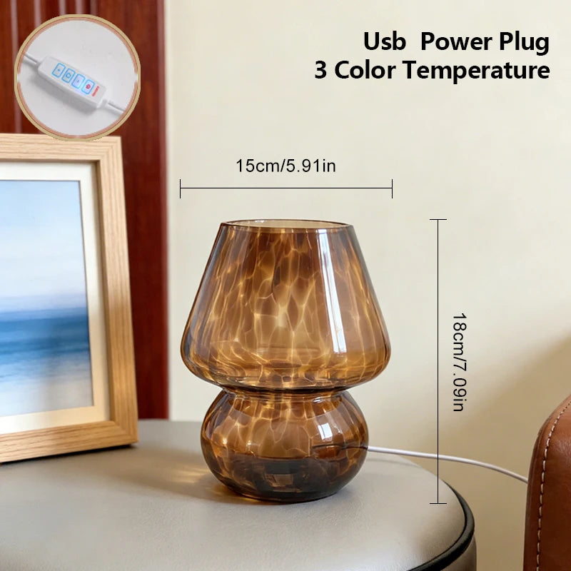 Amber Glass Mushroom Table Lamp, Vintage Mid-Century Bedside Lamp with Touch Dimmer, USB Powered