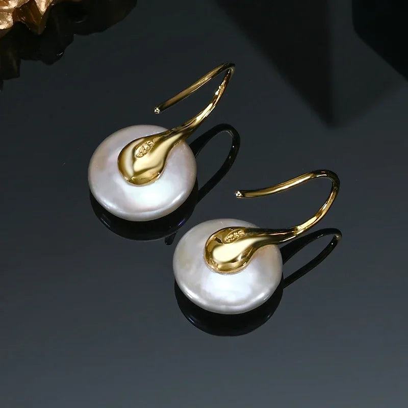 Button Pearl Drop Earrings, 11-13mm Cultured Freshwater Pearls on 925 Sterling Silver Hooks, Gold or Silver