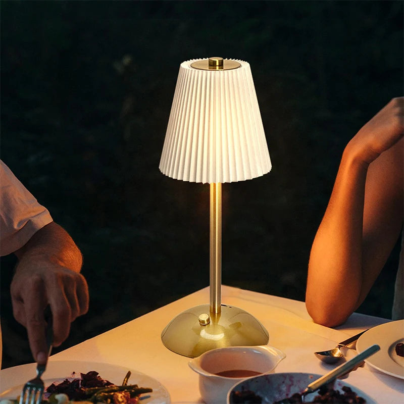 Pleated Cordless Table Lamp, Rechargeable LED Bedside Lamp with Fabric Shade and Touch Dimmer, 3 Light Colors