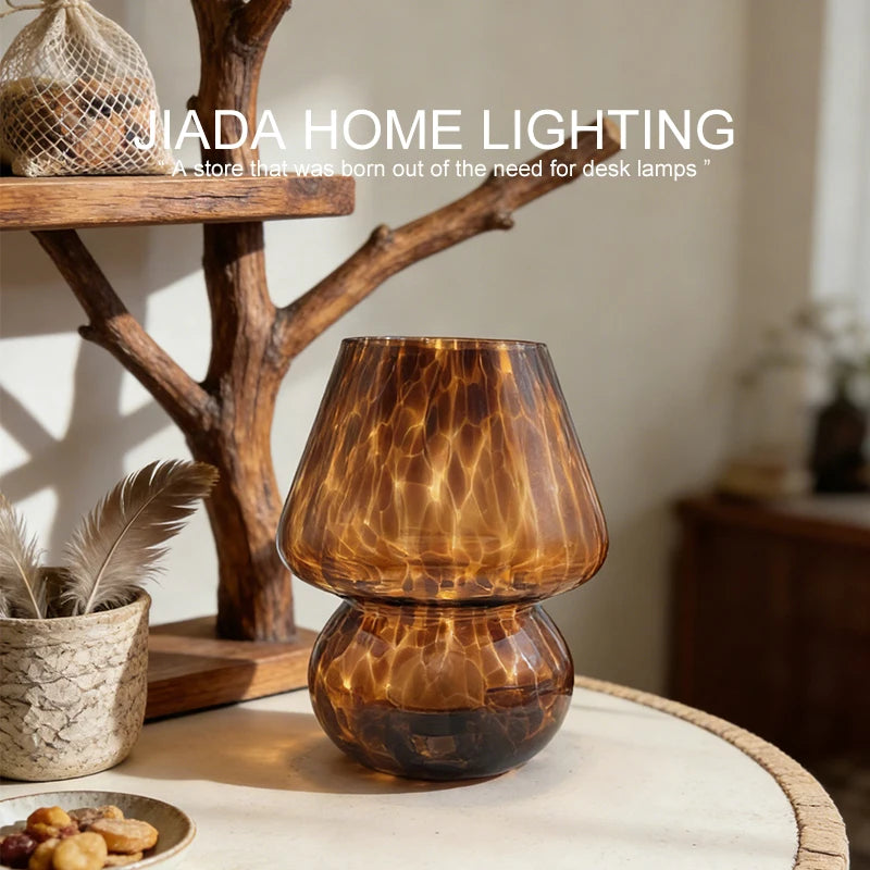 Amber Glass Mushroom Table Lamp, Vintage Mid-Century Bedside Lamp with Touch Dimmer, USB Powered