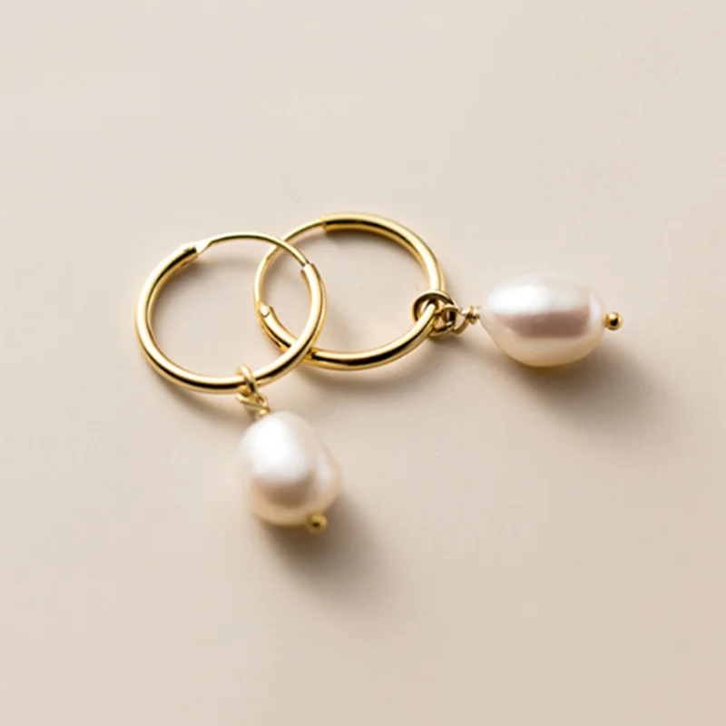 Pearl Drop Hoop Earrings, Baroque Freshwater Cultured Pearl on a 925 Sterling Silver Huggie Hoop, Gold or Silver