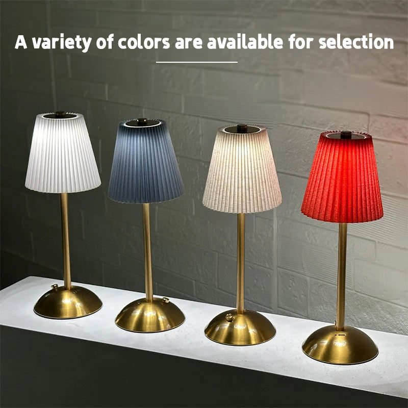 Pleated Cordless Table Lamp, Rechargeable LED Bedside Lamp with Fabric Shade and Touch Dimmer, 3 Light Colors