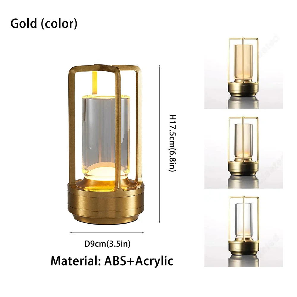 Cordless Crystal Lantern Table Lamp, Rechargeable LED Touch Lamp for Dining Table, Bar and Bedside, Gold, Silver or Black