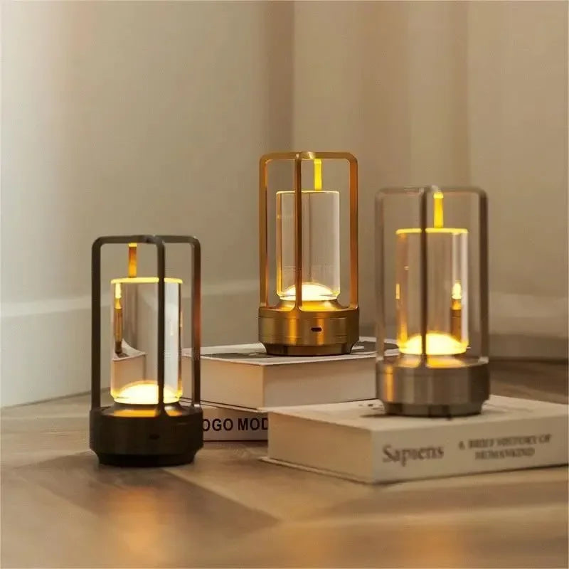 Cordless Crystal Lantern Table Lamp, Rechargeable LED Touch Lamp for Dining Table, Bar and Bedside, Gold, Silver or Black