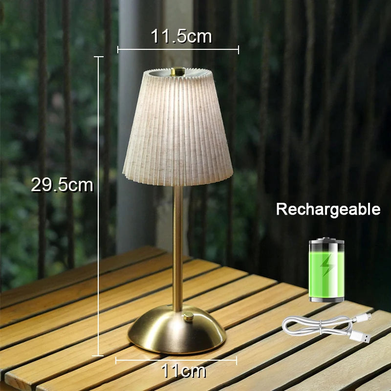 Pleated Cordless Table Lamp, Rechargeable LED Bedside Lamp with Fabric Shade and Touch Dimmer, 3 Light Colors