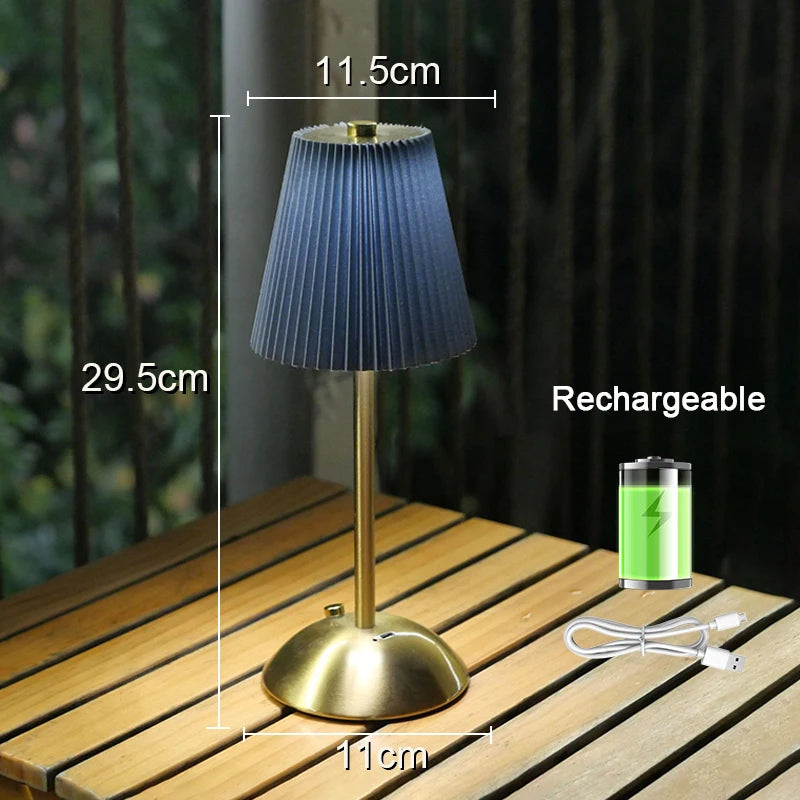 Pleated Cordless Table Lamp, Rechargeable LED Bedside Lamp with Fabric Shade and Touch Dimmer, 3 Light Colors