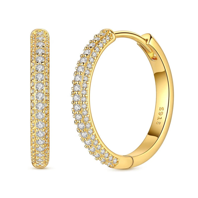 Pave Hoop Earrings, 925 Sterling Silver Huggie Hoops with Cubic Zirconia, 18K Gold Plated or Silver
