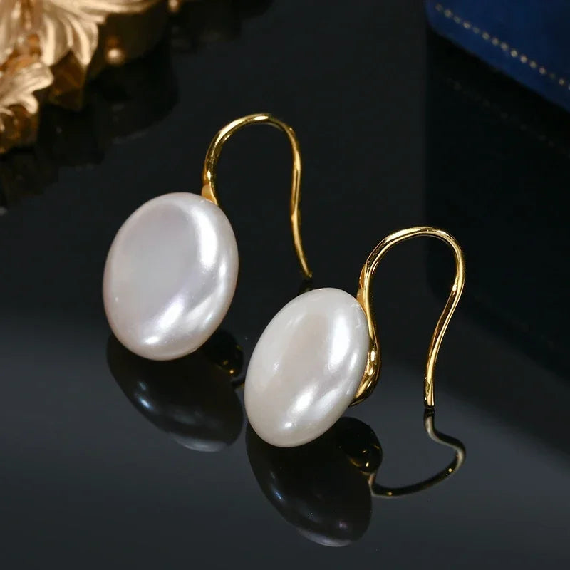 Button Pearl Drop Earrings, 11-13mm Cultured Freshwater Pearls on 925 Sterling Silver Hooks, Gold or Silver