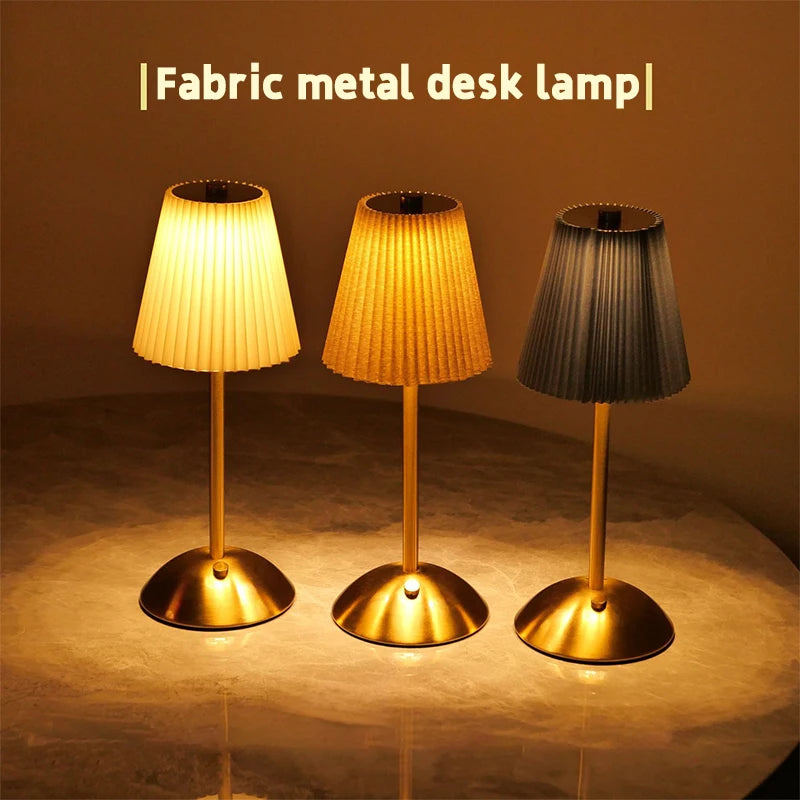 Pleated Cordless Table Lamp, Rechargeable LED Bedside Lamp with Fabric Shade and Touch Dimmer, 3 Light Colors