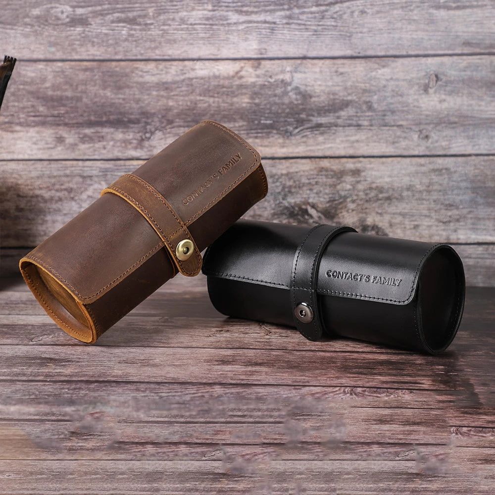 Brown genuine leather 3-slot watch roll, view 5