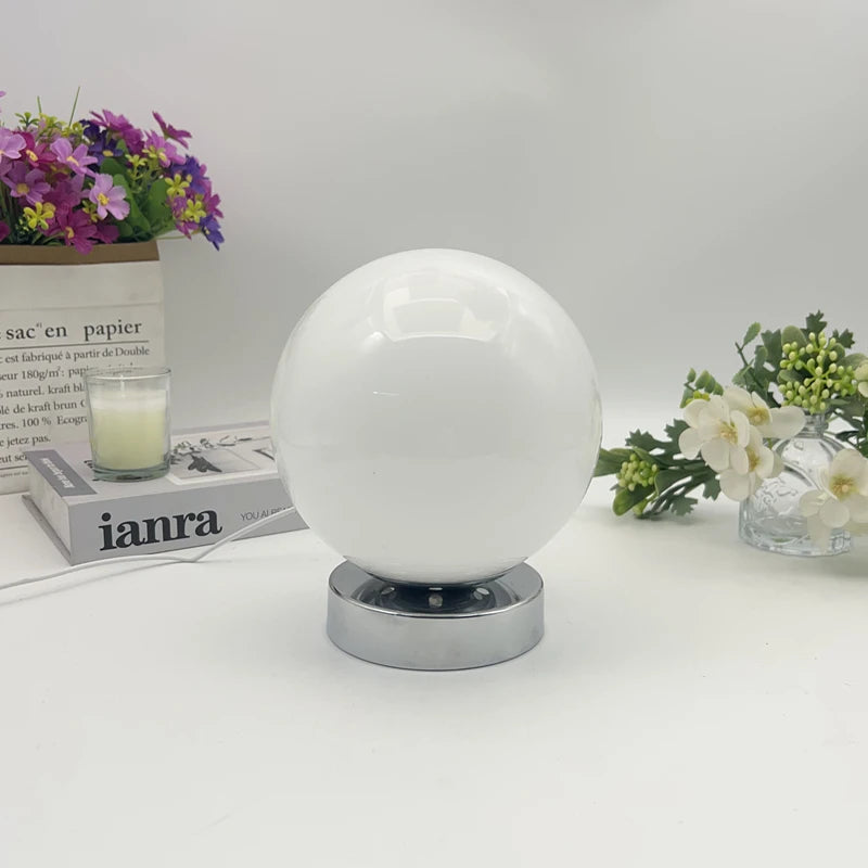 Glass Globe Table Lamp, Vintage Opal Glass Bedside Lamp with Chrome Base, 3 Color Temperatures, USB Powered