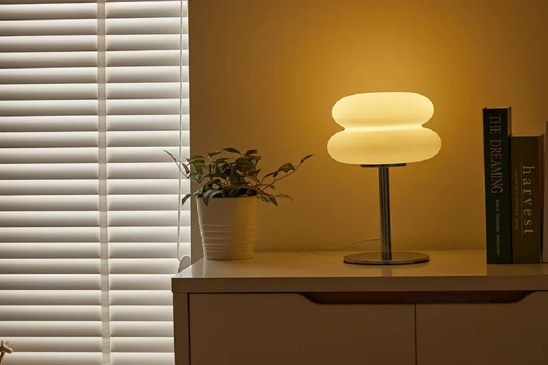 Stacked Cloud Table Lamp, Modern Frosted Bedside Lamp with Chrome Stand, Remote Control and 9 Brightness Levels