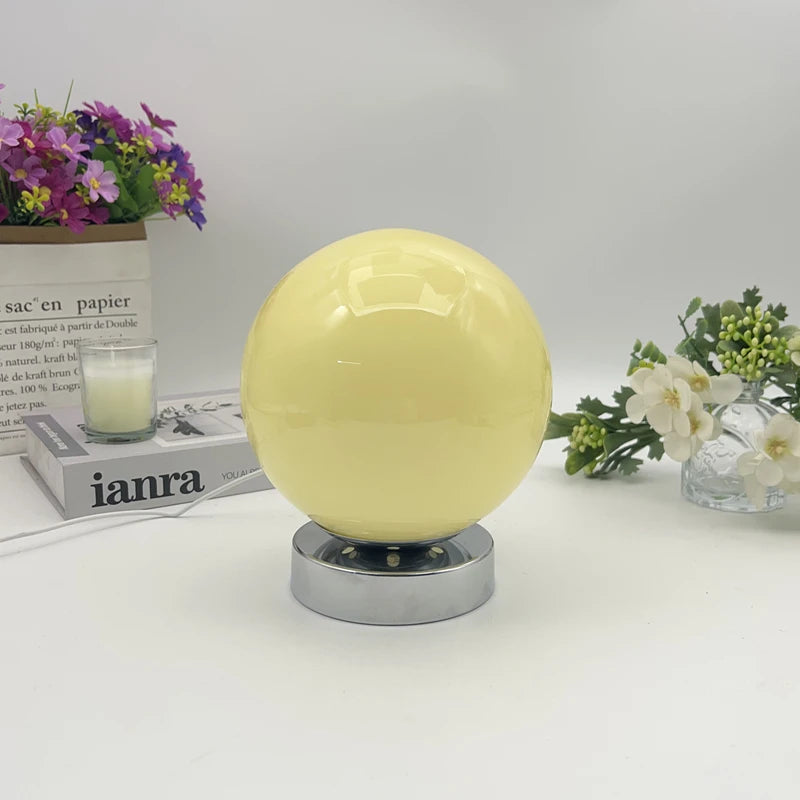 Glass Globe Table Lamp, Vintage Opal Glass Bedside Lamp with Chrome Base, 3 Color Temperatures, USB Powered
