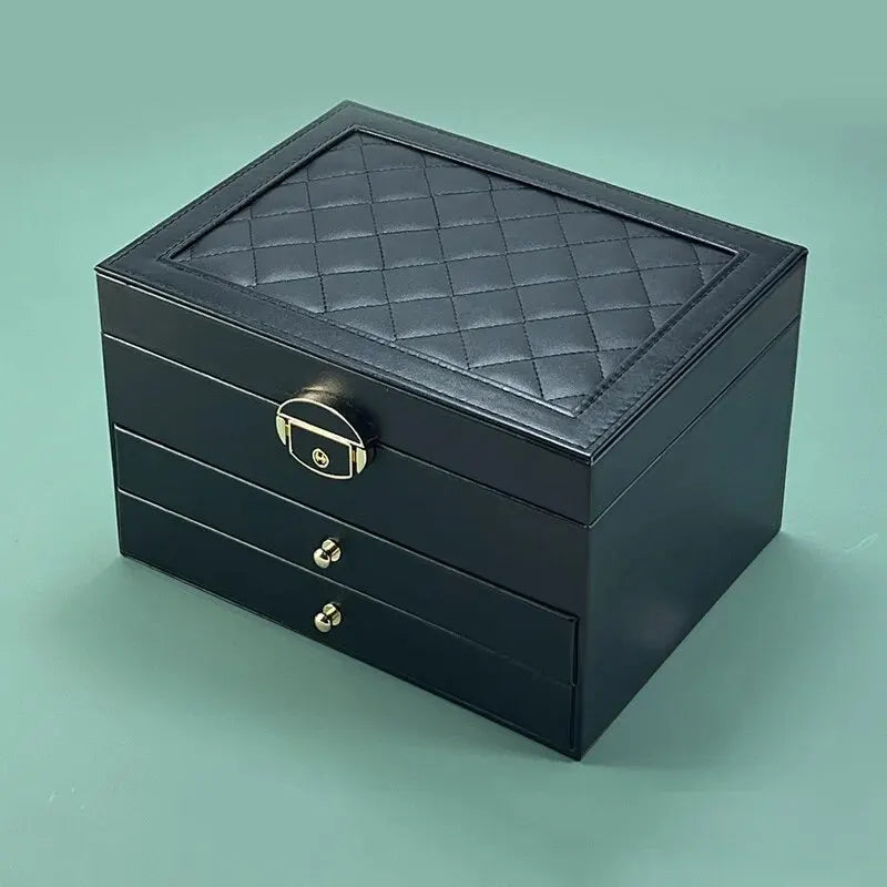 Large faux leather jewelry box with two velvet-lined drawers, view 5