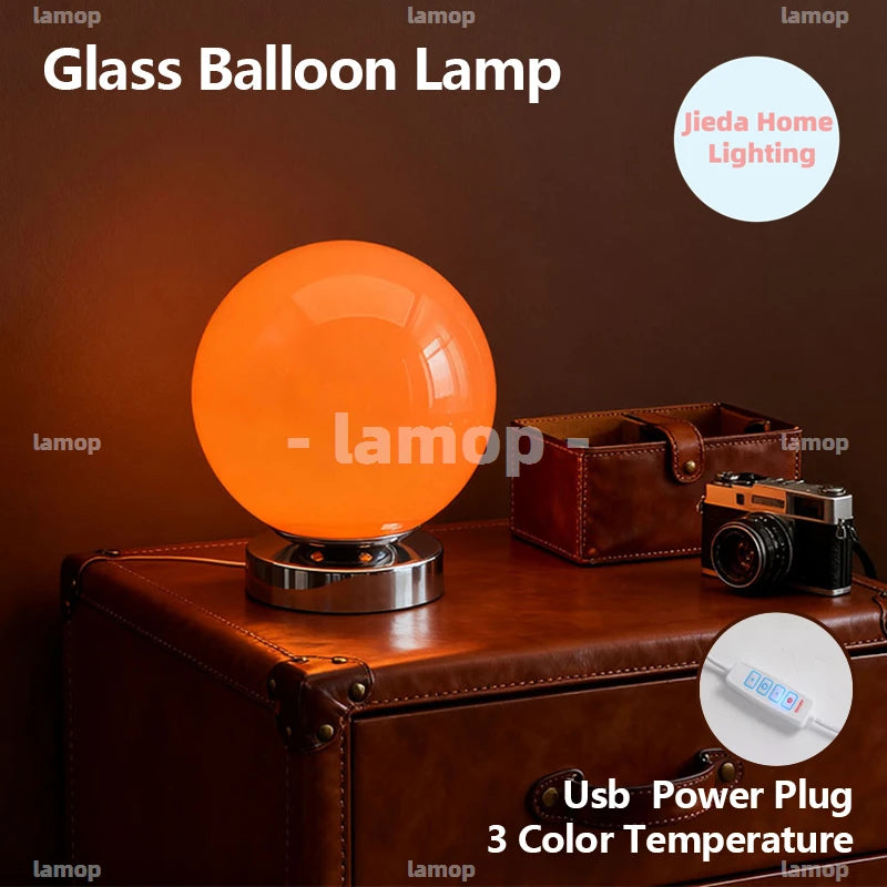Glass Globe Table Lamp, Vintage Opal Glass Bedside Lamp with Chrome Base, 3 Color Temperatures, USB Powered