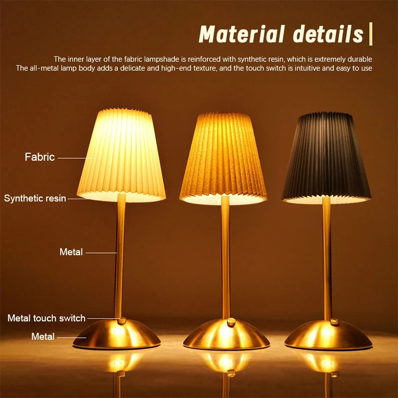 Pleated Cordless Table Lamp, Rechargeable LED Bedside Lamp with Fabric Shade and Touch Dimmer, 3 Light Colors