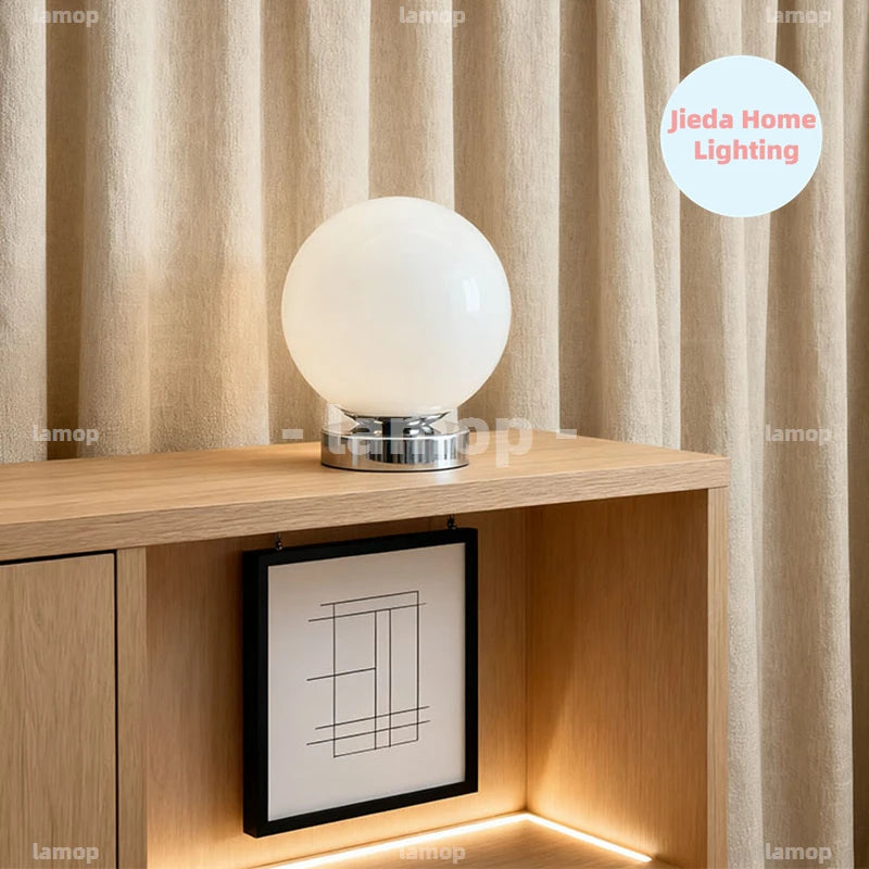 Glass Globe Table Lamp, Vintage Opal Glass Bedside Lamp with Chrome Base, 3 Color Temperatures, USB Powered
