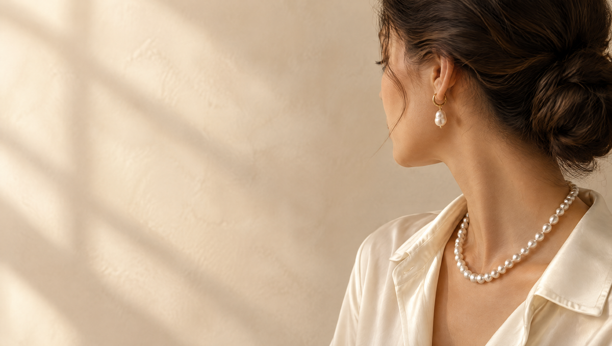 Woman wearing a freshwater pearl necklace and pearl drop hoop earrings