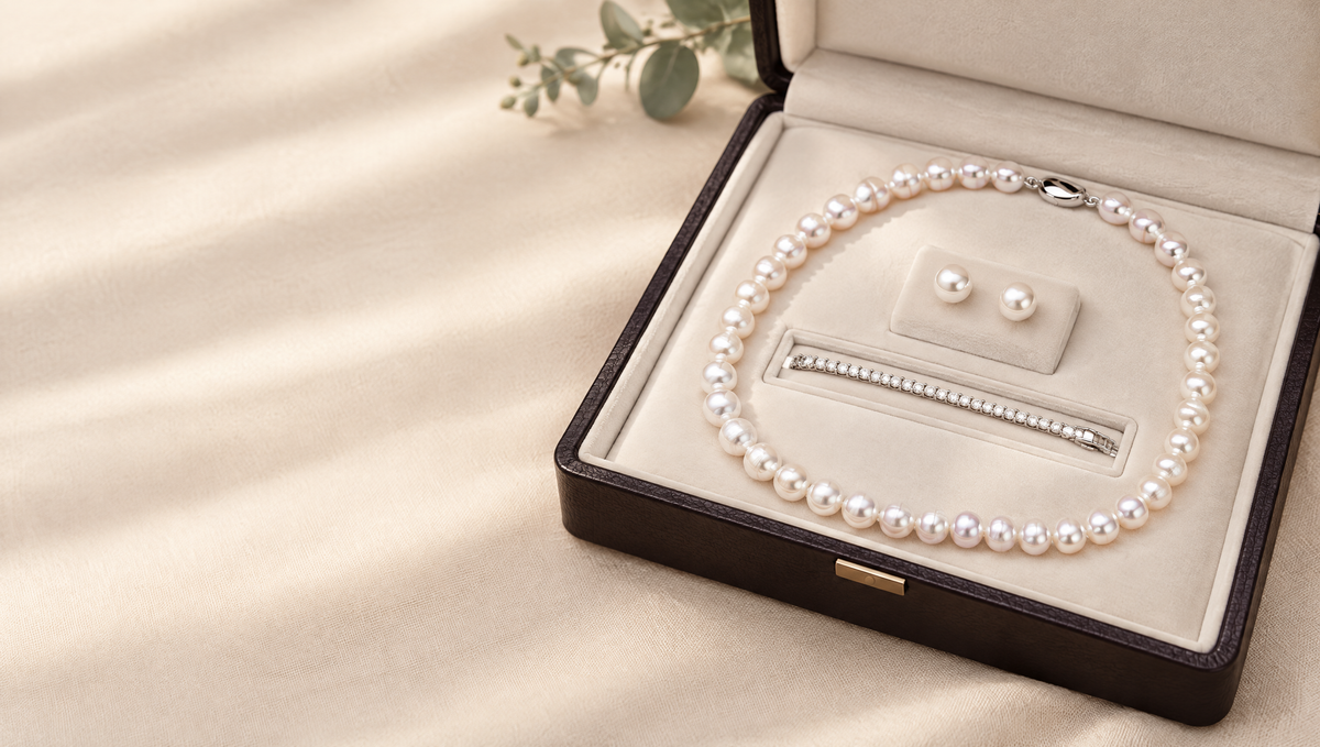 Pearl necklace, pearl studs and a tennis bracelet in an open jewelry box