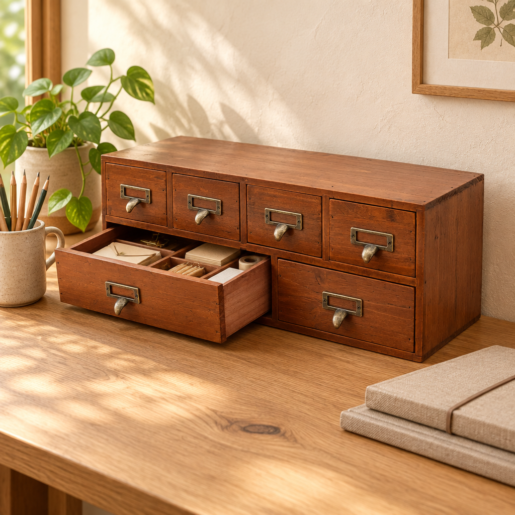 Wooden six-drawer apothecary cabinet with label pulls on an oak desk, one drawer open with sorted stationery