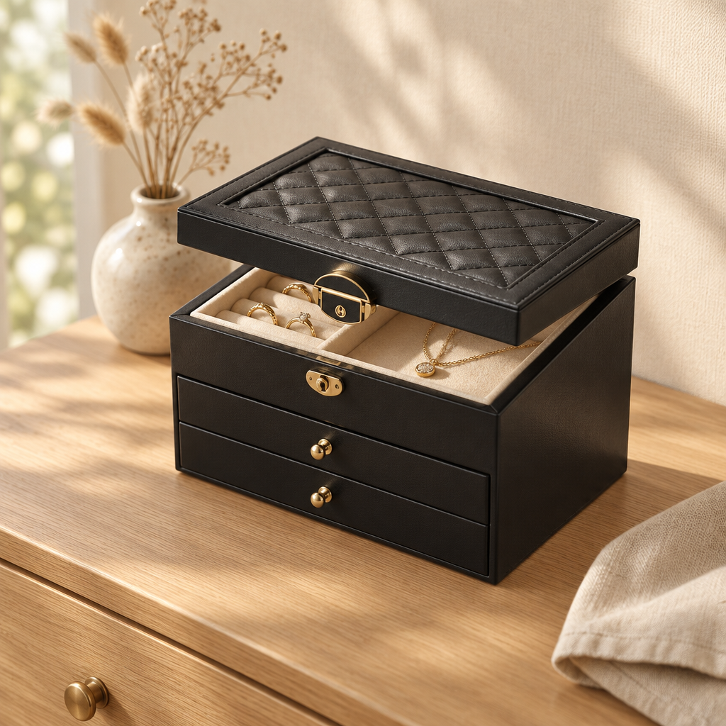 Black quilted faux leather jewelry box with two drawers on an oak dresser, lid open showing velvet lining and gold rings