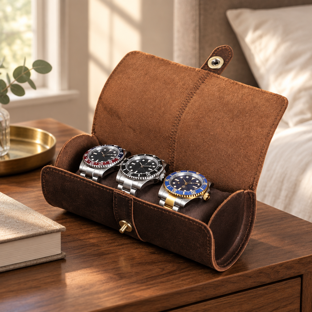 Open brown genuine leather watch roll holding three watches on a walnut nightstand