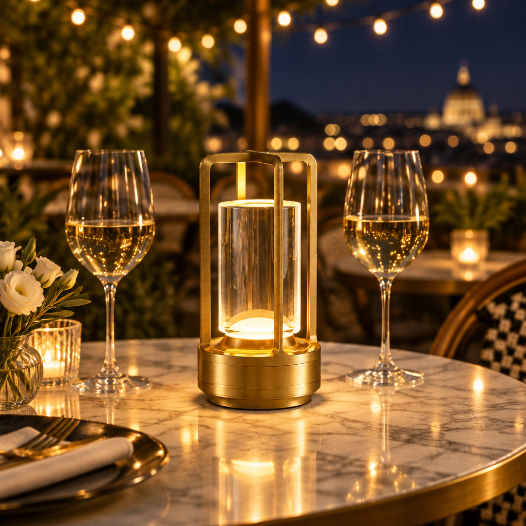 Gold cordless crystal lantern lamp glowing on a marble bistro table between wine glasses