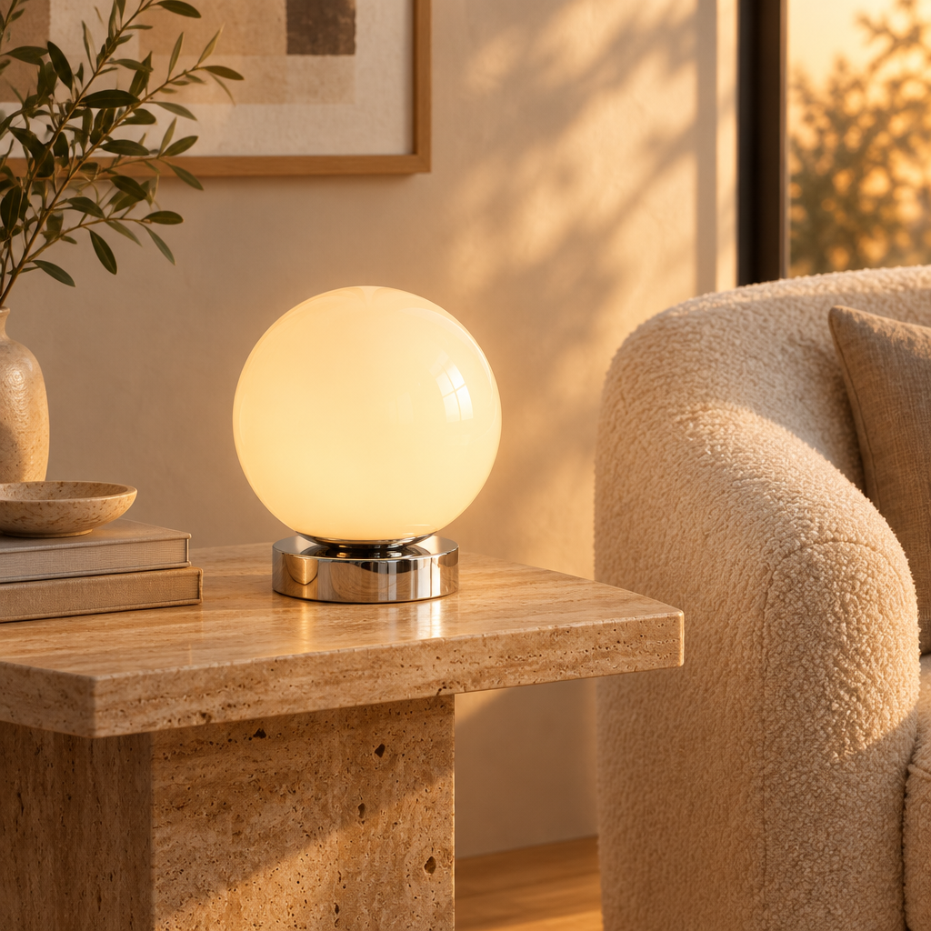 Cream glass globe table lamp on a chrome base glowing on a travertine side table