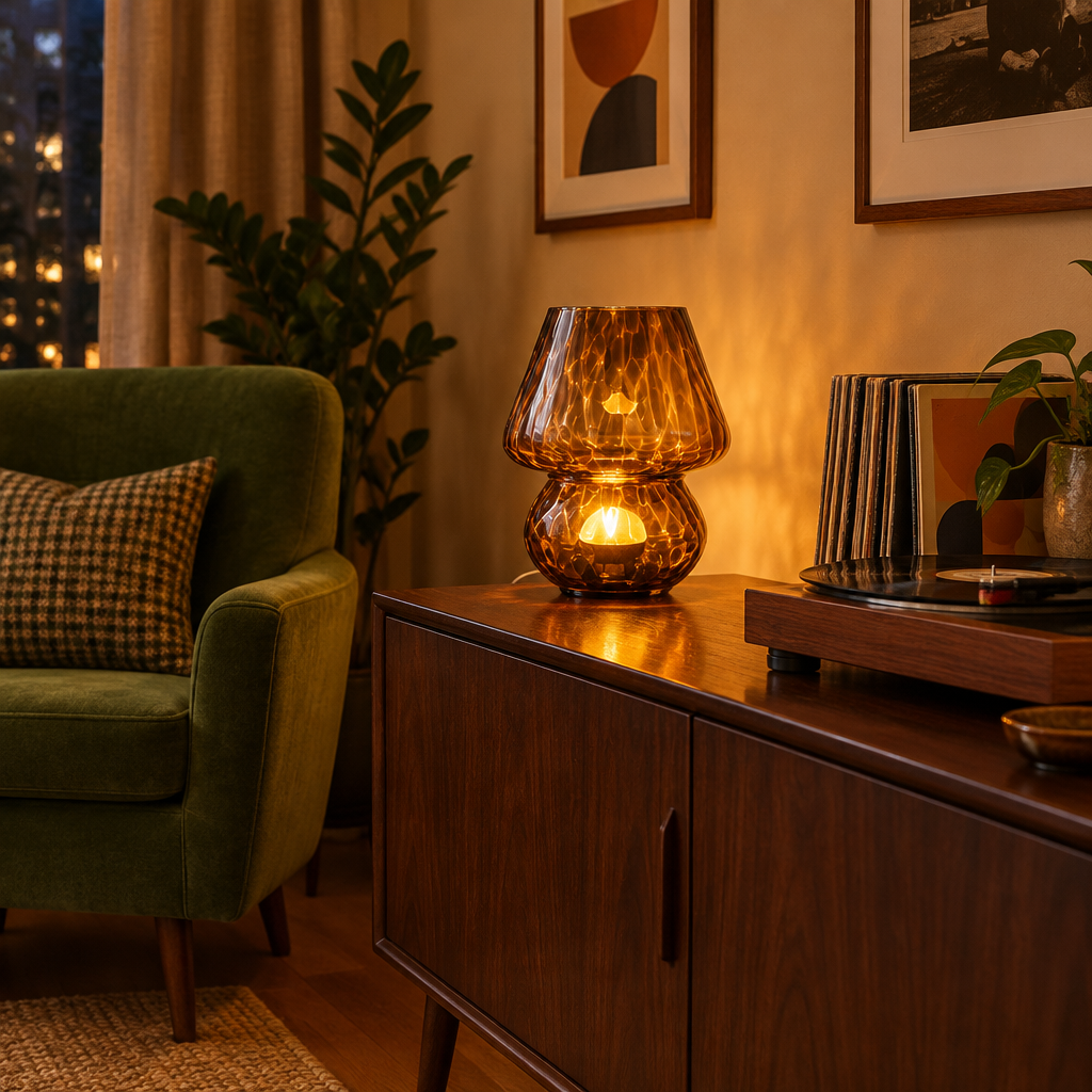 Amber glass mushroom table lamp glowing on a walnut console in a mid-century living room