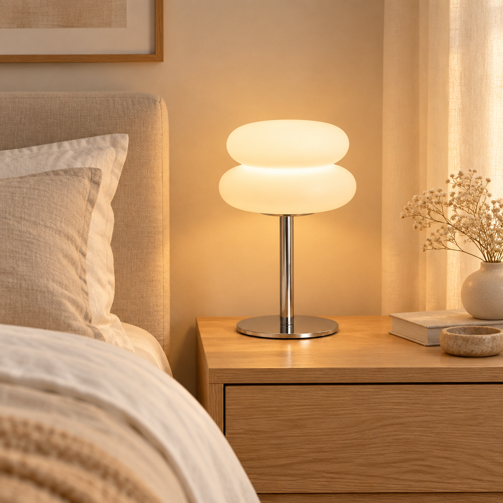 Stacked frosted cloud table lamp on a chrome stand glowing on an oak nightstand